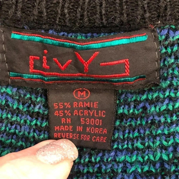 Vintage 80s 90s IVY V Neck Knit Sweater Dress Blue and Black - Picture 5 of 5